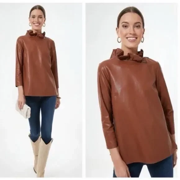 Tuckernuck Top Womens Small Brown Faye Faux Leather Blouse Ruffle Minimal Luxury - Picture 6 of 7